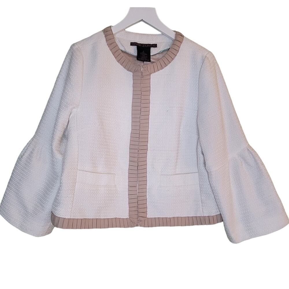 Mark Zunino Tweed Neutral Blazer Jacket Cream Beige Bell Sleeve‎ Pockets Preppy